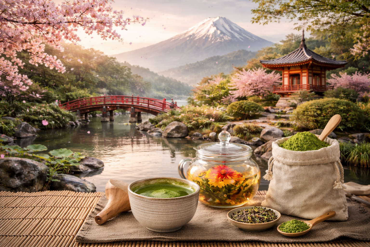 Krajobraz Japonii - góra Fuji i ogród herbaciany